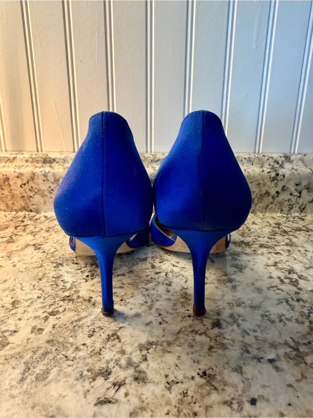 kate spade cobalt blue satin peep-toe heels with ruffle wedding royal prom event